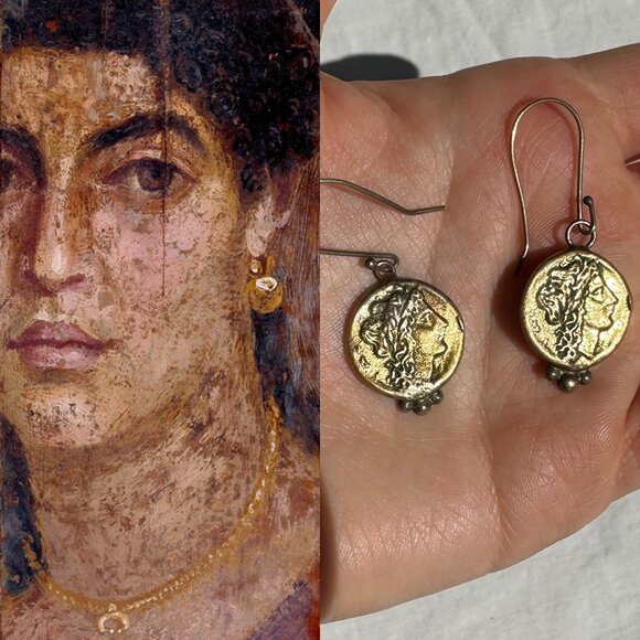 Gold Intaglio Cameo Roman Coin Style Drop Earrings - Picture 1 of 10